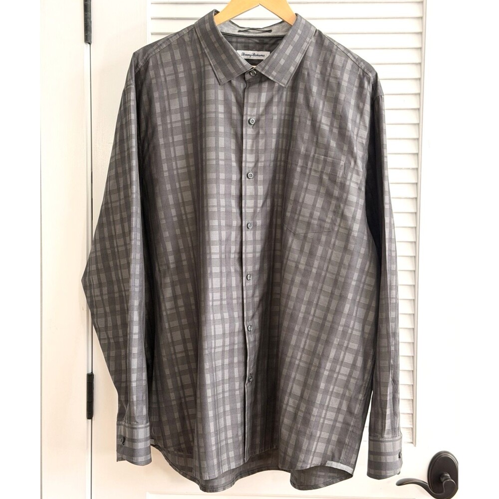 Tommy Bahama Mens XXL Gray Plaid Silk Cotton Button Down Long Sleeve Shirt
